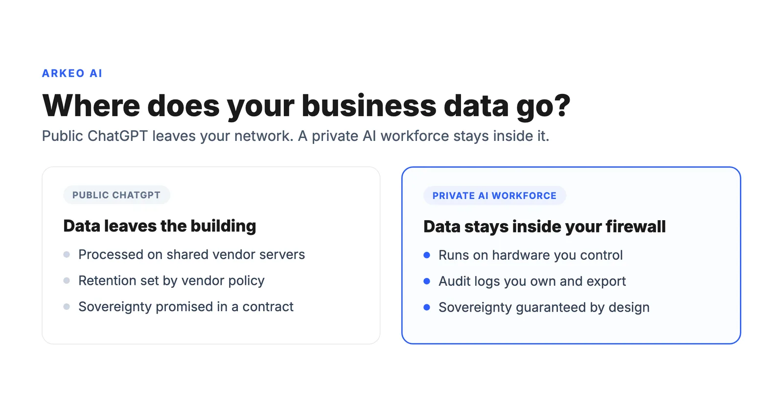 Public ChatGPT versus private AI workforce, comparing where business data goes