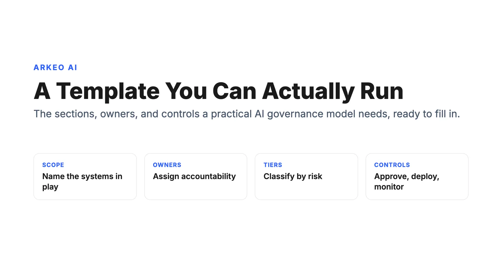Arkeo AI diagram of an AI governance framework template showing scope, owners, risk tiers, and controls as a structure you can run