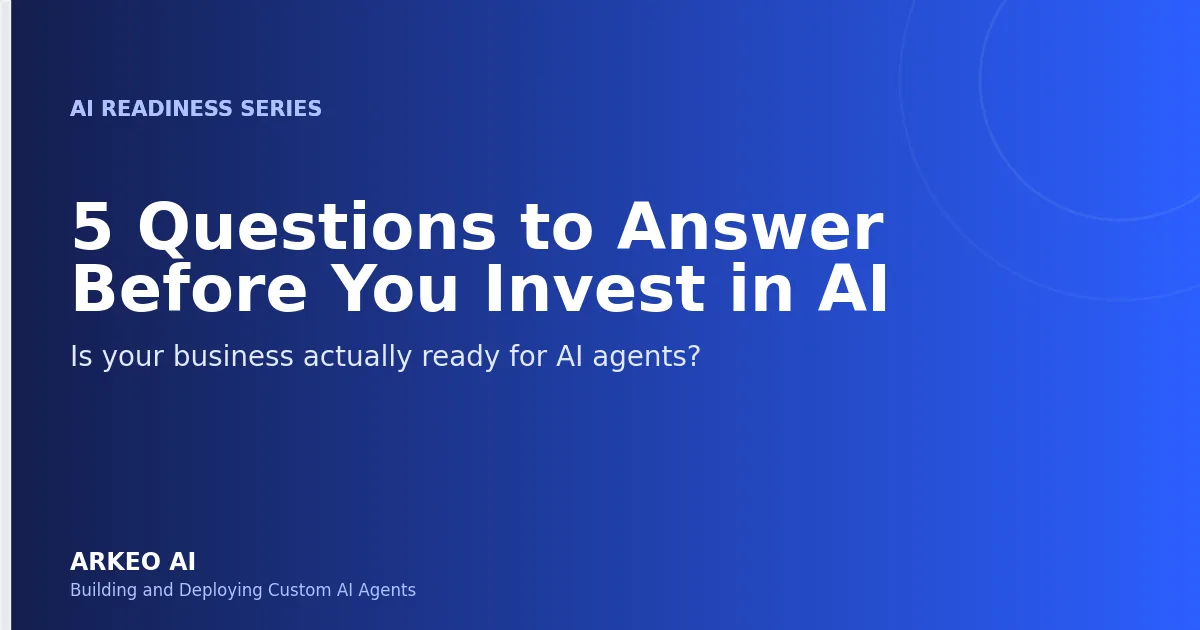 5 Questions to Answer Before You Invest in AI: is your business actually ready for AI agents? Arkeo AI, AI Readiness Series.