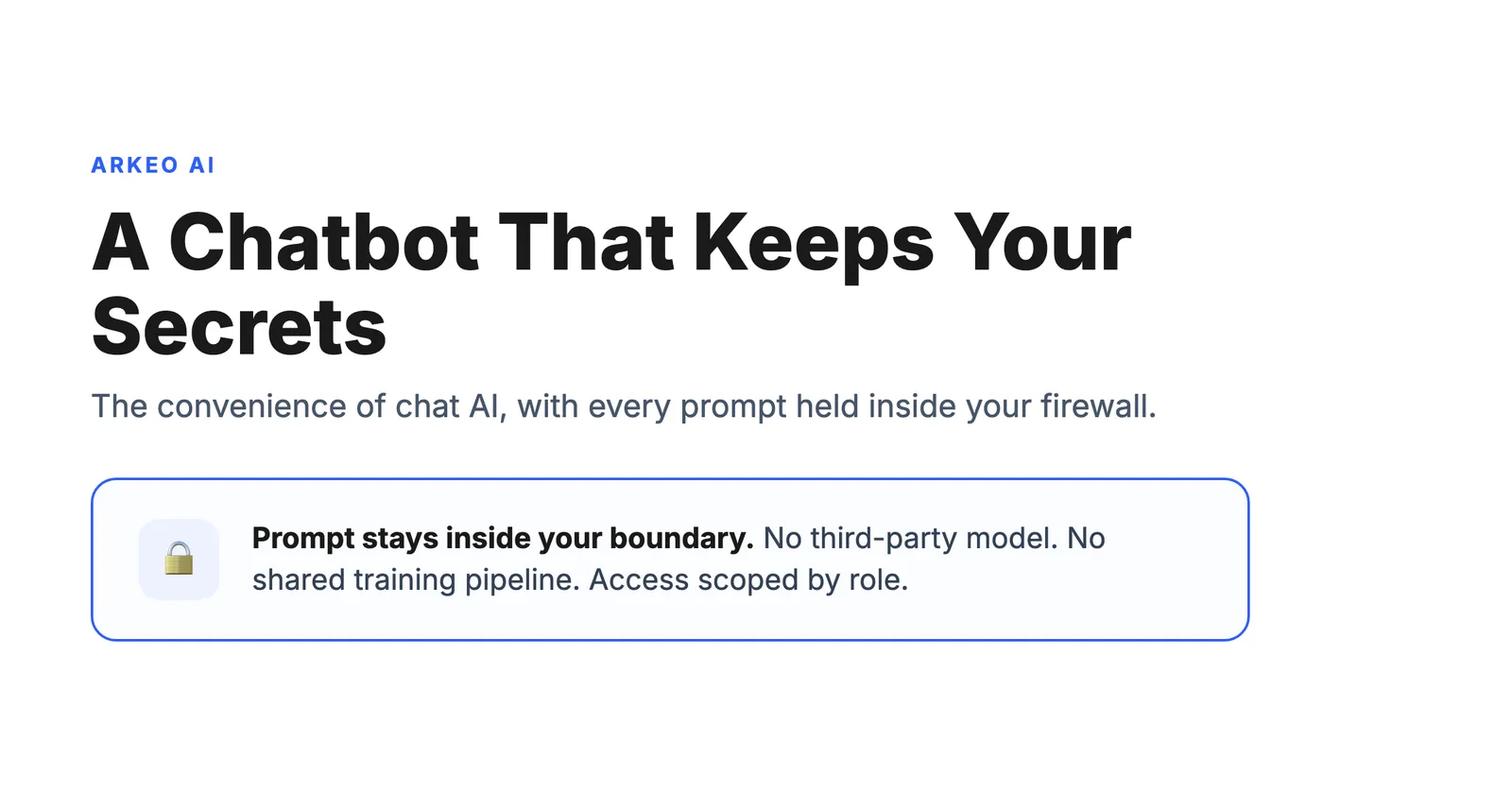 Private AI chat interface diagram showing a prompt staying inside a company firewall instead of going to a public model